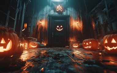 Halloween holiday scene wood floor in room lamps hanging ominous background design
