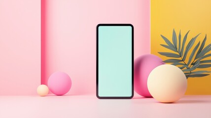 A modern smartphone on a colorful, minimalist background with vibrant spheres and a leafy plant.