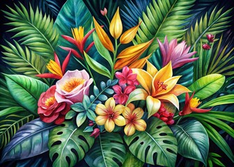 Obraz premium Tropical Watercolor Bouquet with Monstera and Narcissus in Low Light Photography