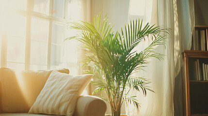 Minimalist living room with soft natural lighting, a neutral sofa, and a large indoor plant creating a fresh, airy vibe