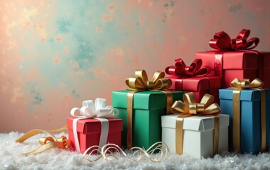 Christmas presents with vibrant ribbons and bows.