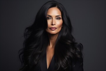 Middle aged multiracial woman with perfect long black shiny hair portrait fashion adult.