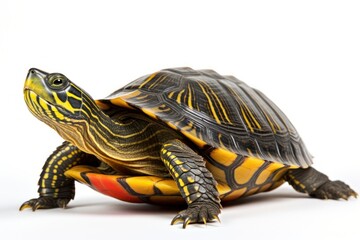 Red-eared slider turtle reptile animal white background.