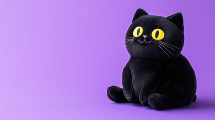 Cute black cat plush toy on purple background