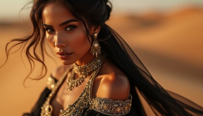 Portrait of arab woman in sand dunes, elegant dress with embroideries, impressive jewelry set. Arabian beauty and glamour concept.