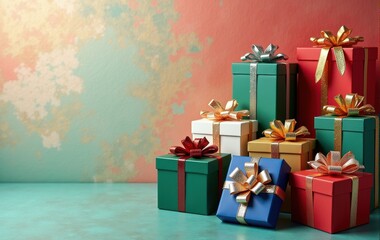 Holiday season gift wrapping with vibrant ribbons.