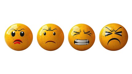 Fototapeta premium Set of four yellow emoticons showing various angry expressions for emotional or digital communication.