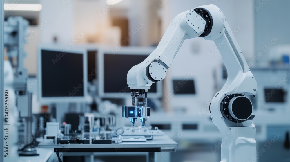Poster a robotic system assembling smart home devices in a clean, high-tech smart home lab, modern and orga