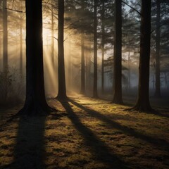 Photograph with a strong cinematic feel, capturing the fleeting moment where a beam of warm, golden light pierces through the darkness, creating a stark divide between day and night