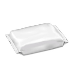 Blank white pillow bag packaging. Flow pack. Realistic 3d vector mock-up. Foil, paper or plastic pouch three-seam package. Mockup. Template for design