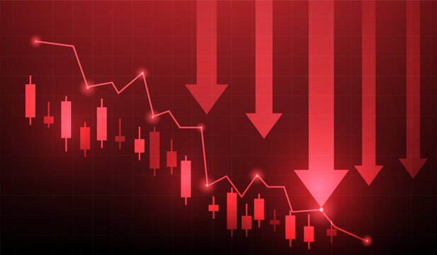 economy business crisis and graph investment down on red background. arrow trading chart candlestick fall. vector illustration fantastic technology.