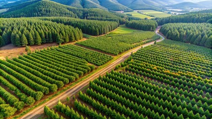 Aerial view of leading lines over tree plantation in forestry farm