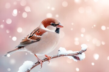 A sparrow perched on a snowy branch with falling snowflakes in a serene winter setting