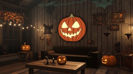 Obraz premium A cozy Halloween-themed room featuring carved pumpkins, warm lighting, and rustic wooden decor