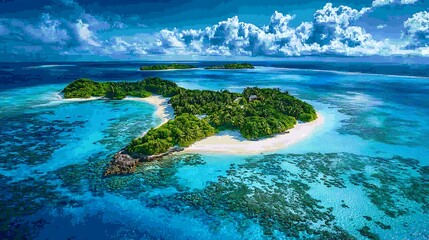 Obraz premium Aerial View of Tropical Island with Blue Ocean and White Sand