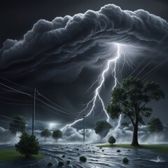 A storm, set against a dark grey to black background, with thick, cumulonimbus clouds that seem to swirl and twist in every direction, illuminated by flashes of bright white lightning