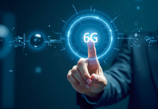 A man's hand presses a button with the inscription 6G in a virtual space, abstract background
