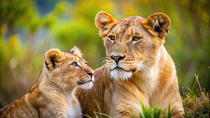 Aerial view of lioness and cub bonding in natural habitat