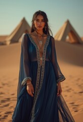 Arab woman in pale blue dress. Fashion photoshoot in the desert. Sand dunes and tents in background. Arabian beauty and glamour concept.