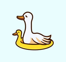 Mother Duck and Her Duckling in a Floating Yellow Lifebuoy Cartoon Vector Illustration