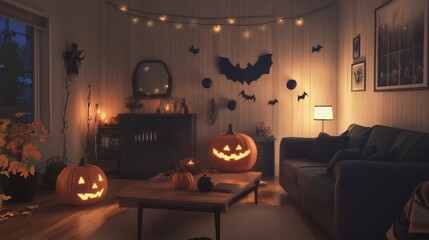 A cozy Halloween-themed living room featuring glowing jack-o'-lanterns, bat decorations