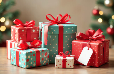 Stack of Christmas gifts in colorful polka-dot wrapping paper with red ribbons, set against a festive background, symbolizing holiday cheer and celebration. Concept for advertisement, sale, mockup