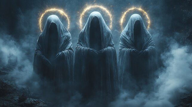 Watchers standing guard over humanity glowing swords their hands cosmic light radiating from their figures serene expressions watching over the Earth