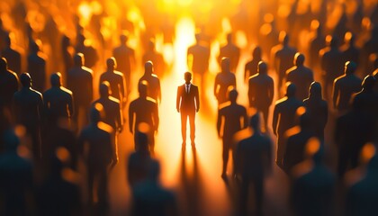 An individual highlighted in a crowd, representing the importance of personal branding and self-promotion in achieving career success.