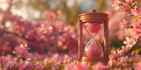 hourglass in focus with an empty lower chamber, set against a soft, blurred springtime background. This image symbolizes the fleeting nature of time, renewal, and the transition between moments