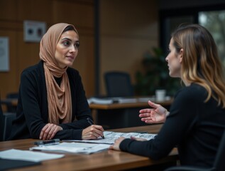 Serious young Arab manager woman in hijab talking to female business colleague in office meeting...