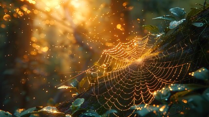 Golden Dewdrops on a Spiderweb