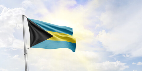 Bahamas flag waving on sky background. 3D Rendering