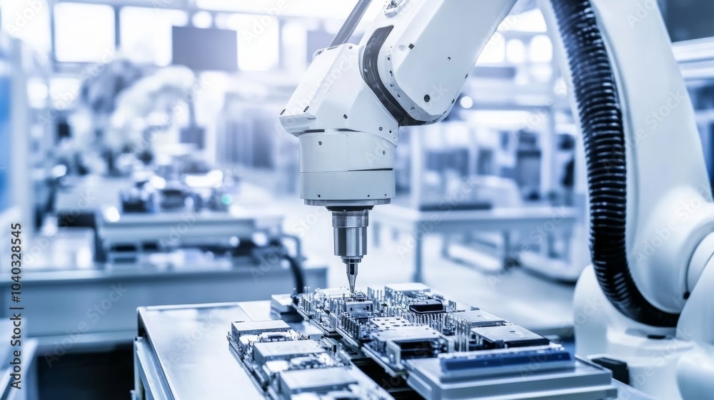 Poster A robotic system conducting high-precision assembly of electronic components in a clean electronics factory, modern and meticulous environment with a focus on electronics manufacturing