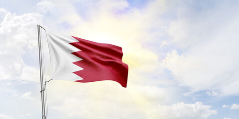 Bahrain flag waving on sky background. 3D Rendering
