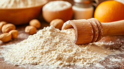 Fototapeta premium Close-up of flour and baking ingredients on wooden surface, kitchen preparation for homemade baking. Fresh, rustic setting and culinary details, cooking essentials for recipe creation