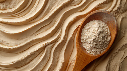 Wooden spoon with flour on textured surface, abstract pattern for culinary and baking theme. Natural, rustic cooking ingredient and close-up detail, food preparation background