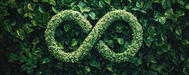 An infinity symbol crafted from green foliage represents enduring sustainability and a vision for a continuous green future.