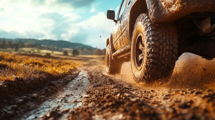 A dirty truck is driving on a muddy road
