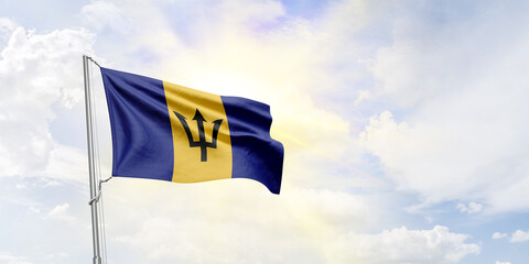Barbados flag waving on sky background. 3D Rendering