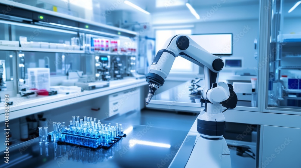Poster a robotic system conducting high-precision medical research in a clean laboratory, modern and advanc