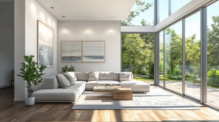 Fototapeta premium A large, open living room with a couch, coffee table, and potted plant