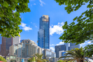 Australia scenic Melbourne downtown skyline panorama near financial business center.