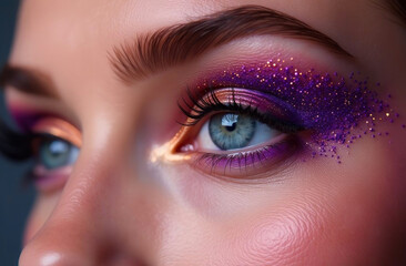 Fototapeta premium Close-up of a beautiful girl's eye with orange and purple glitter makeup. The sparkling particles are vividly displayed around the eyelid
