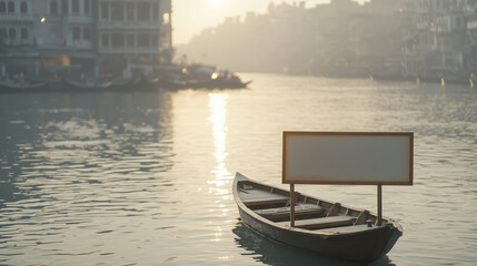 Fototapeta premium Empty Signboard on Boat in Cityscape River Scene