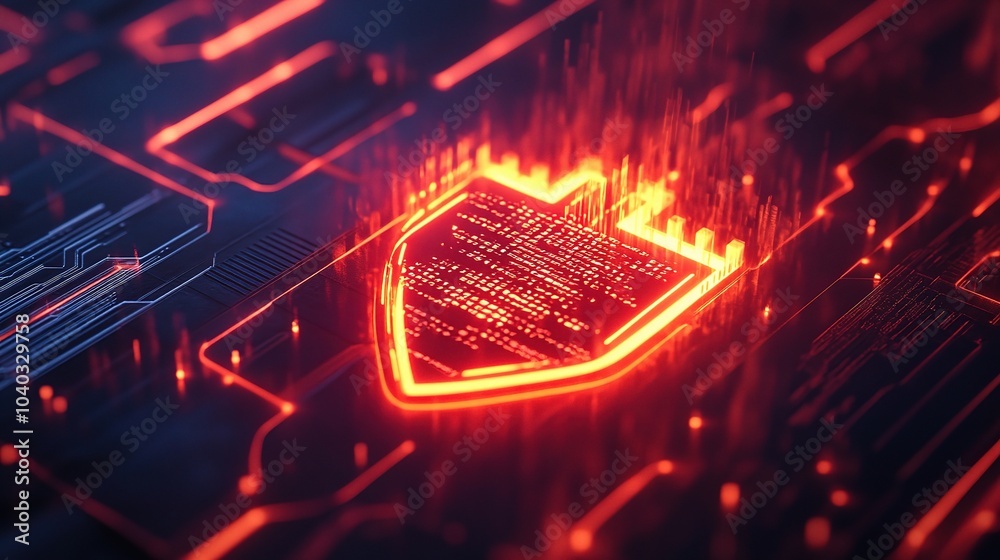 Poster glowing firewall symbol with binary streams