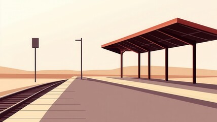 Minimalist train station platform under clear sky with modern design.