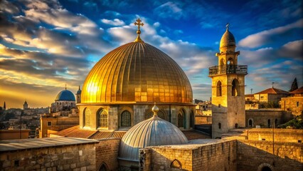 Fototapeta premium Urban Exploration of the Golden Dome of the Cathedral of the Holy Sepulchre in Jerusalem’s Historic Landscape