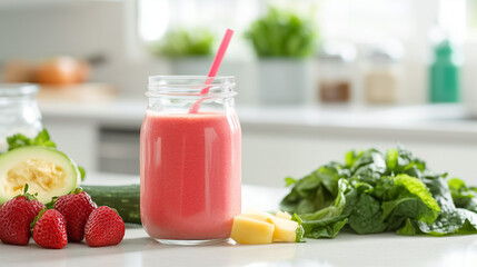 A variety of fresh fruits and vegetables are laid out in a kitchen, ready to create a nutritious smoothie