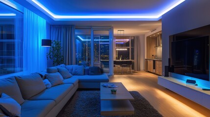 A living room with a couch, coffee table, and a TV