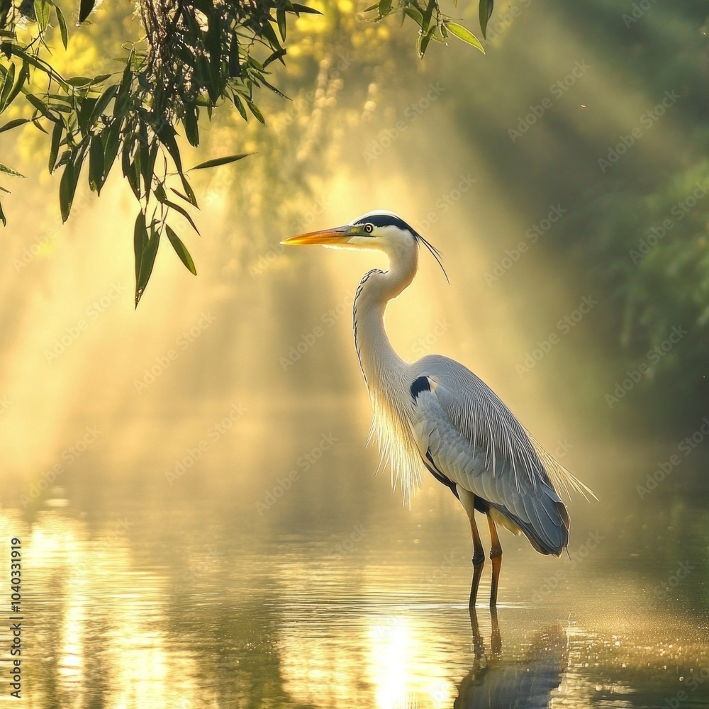 Wall mural A majestic heron stands gracefully in calm waters. The gentle light spills through the trees, creating a serene atmosphere. This image captures the beauty of nature and wildlife. AI